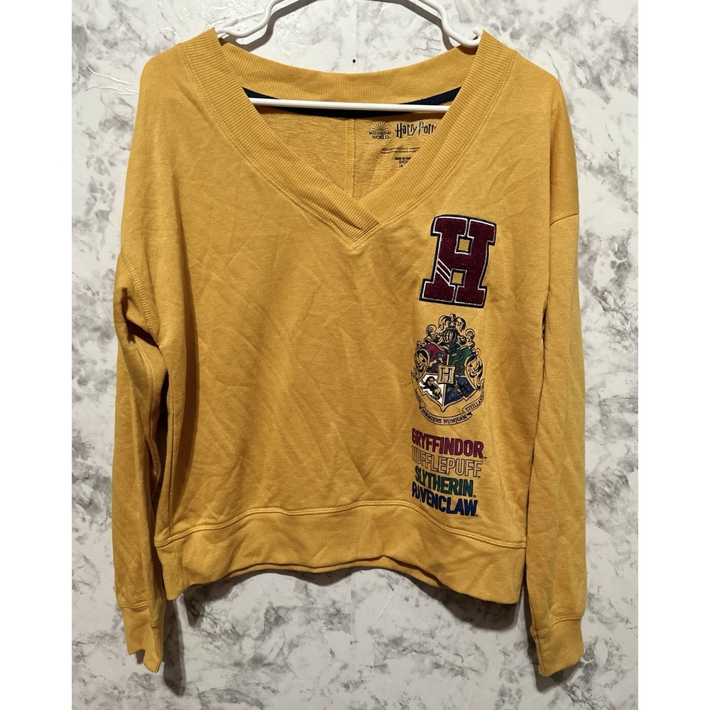 Harry Potter Gold V Neck Sweatshirt Hogwarts Crest Chenille H Patch Small 4 6